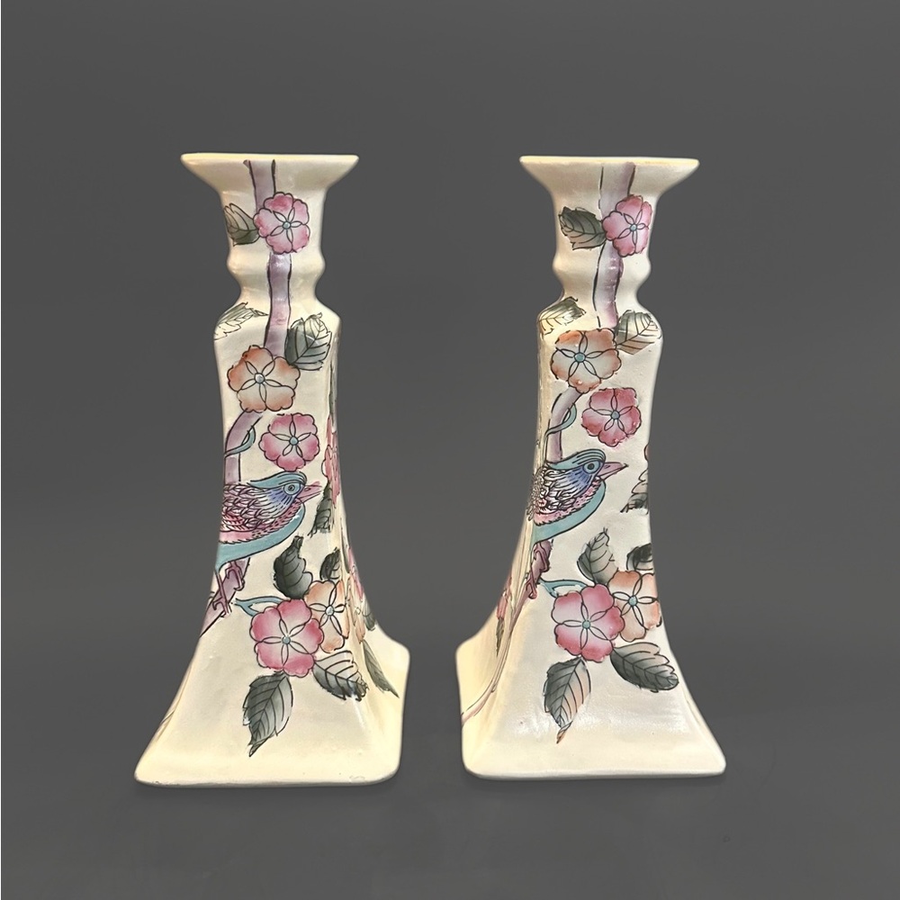 Vintage CPC Macau Hand Painted & Floral Bird Ceramic Candlestick Holders